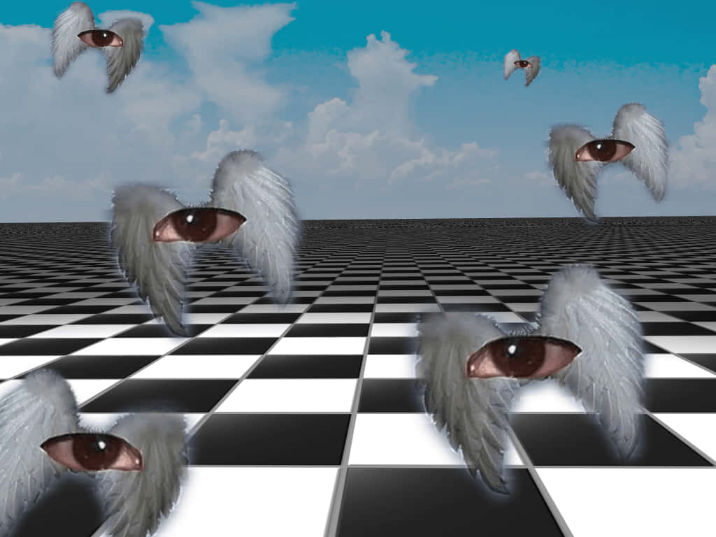 Vários olhos com asas voando sobre um chão infinito de xadrez